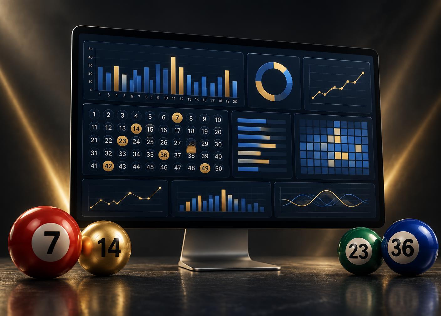 Lottery analysis display with frequency charts, numbered balls, and combination data